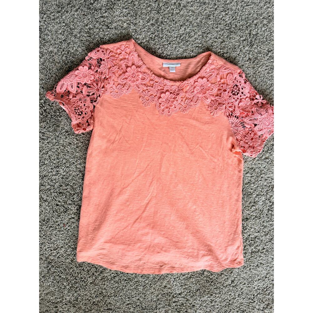 Charter Club Crochet sleeve peach orange top 100% cotton EUC